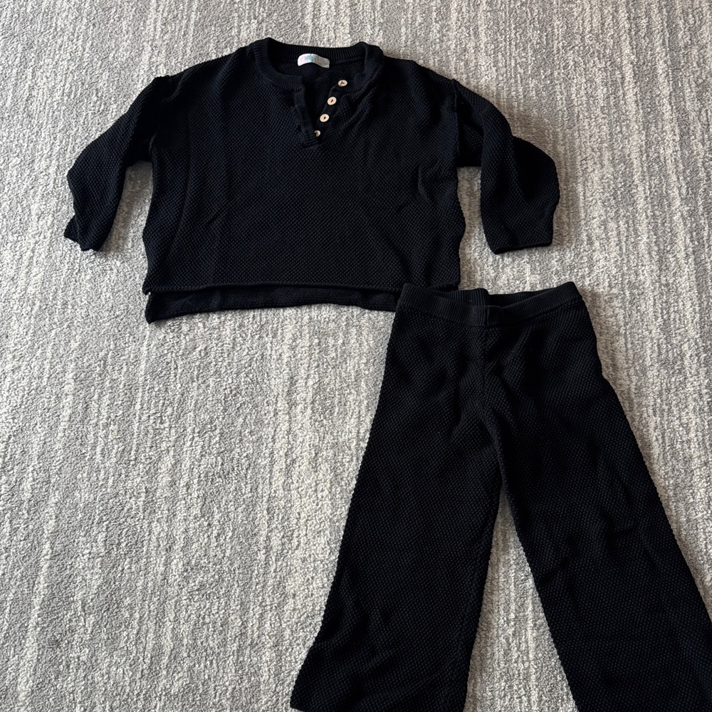 Free People Set Black Waffle Two-Piece Set - Button Henley Top & Wide Leg Pants